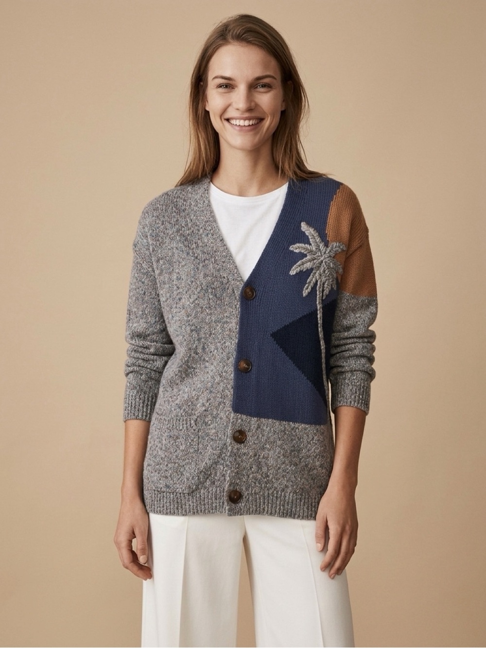 Etro cotton linen colour block w embroidery, Accent Button Cardigan 3XL Italy